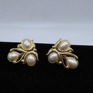 Vintage JS Signed Gold Tone Faux Pearl Clip-On Earrings